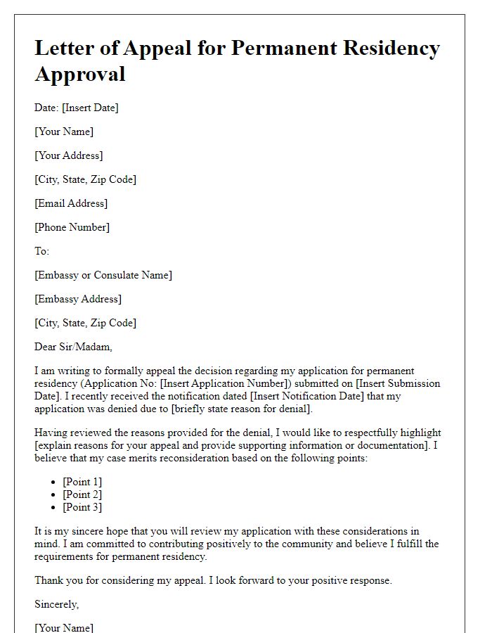 Letter template of appeal for permanent residency approval at the embassy