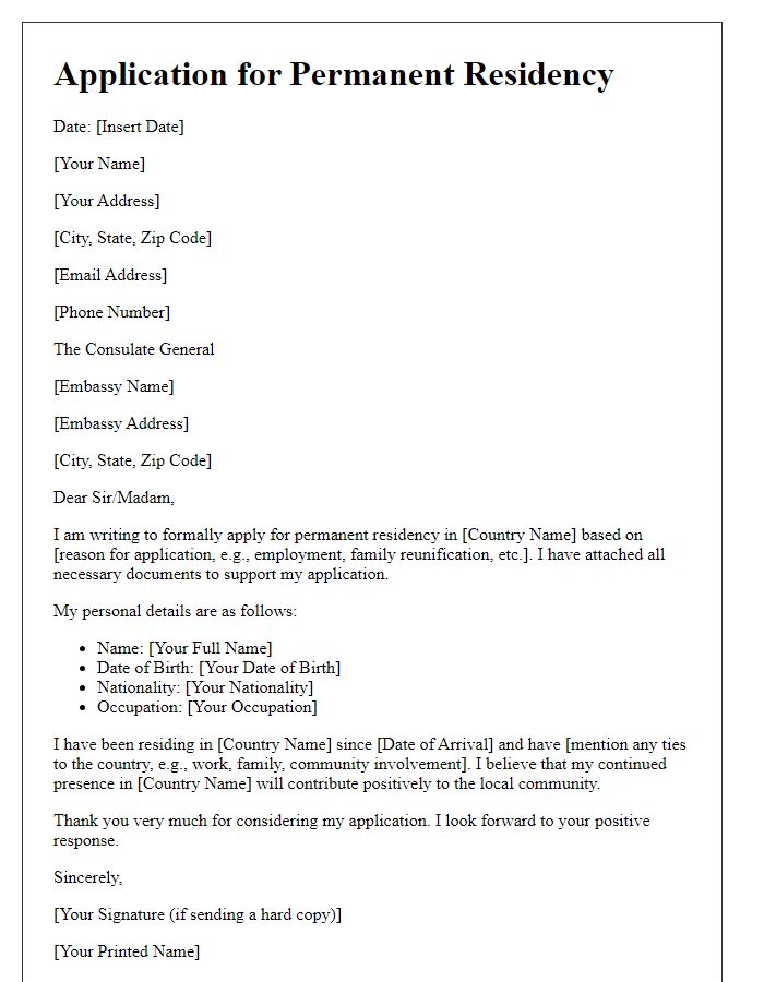 Letter template of application for embassy permanent residency