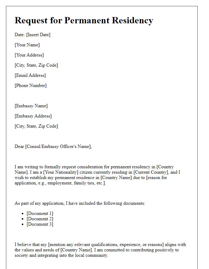 Letter template of request for permanent residency at the embassy