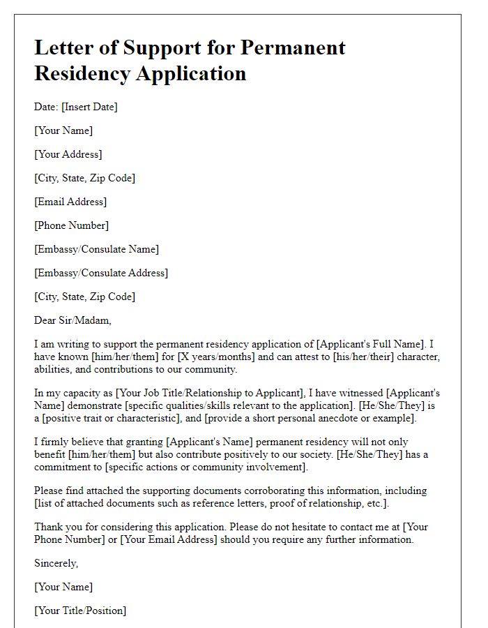 Letter template of supporting documents for embassy permanent residency