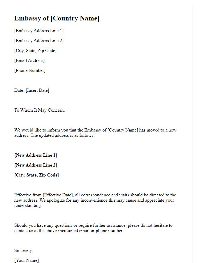 Letter template of Embassy New Address Confirmation