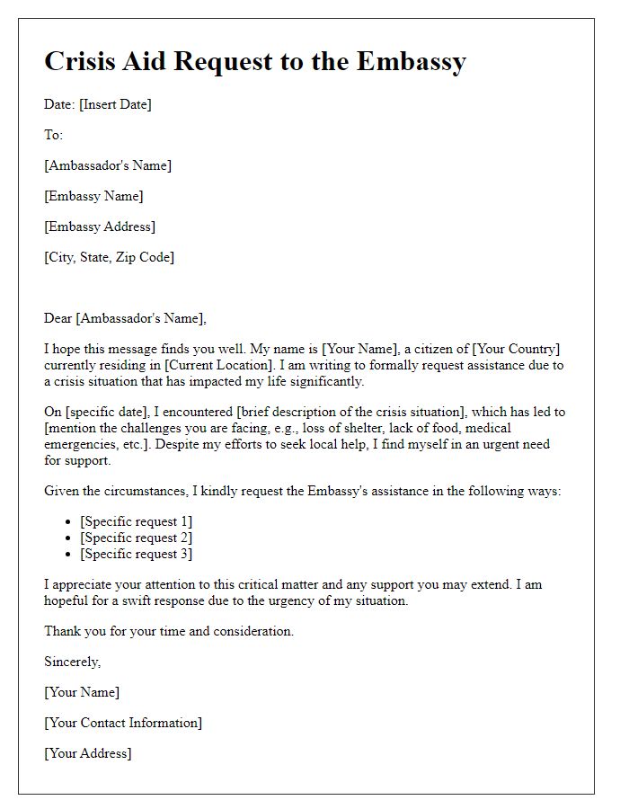 Letter template of crisis aid request to the embassy