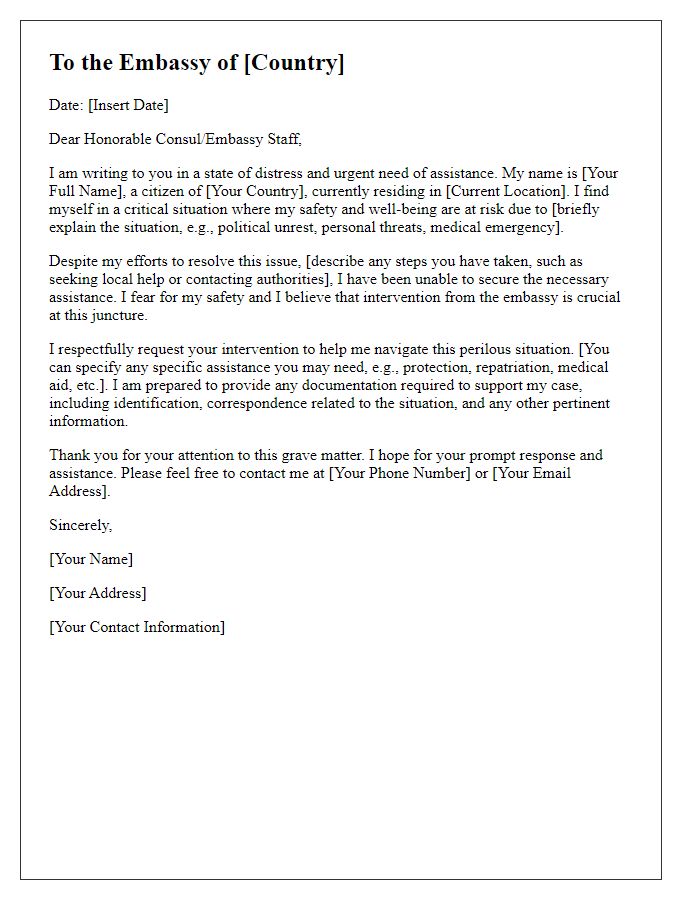 Letter template of distress appeal for embassy intervention