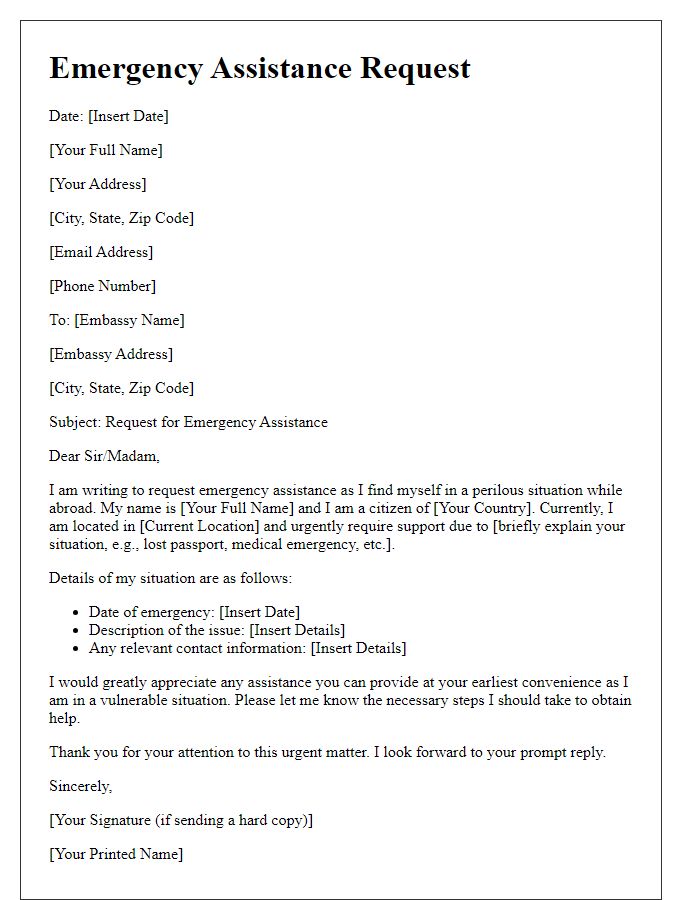 Letter template of emergency help needed from the embassy