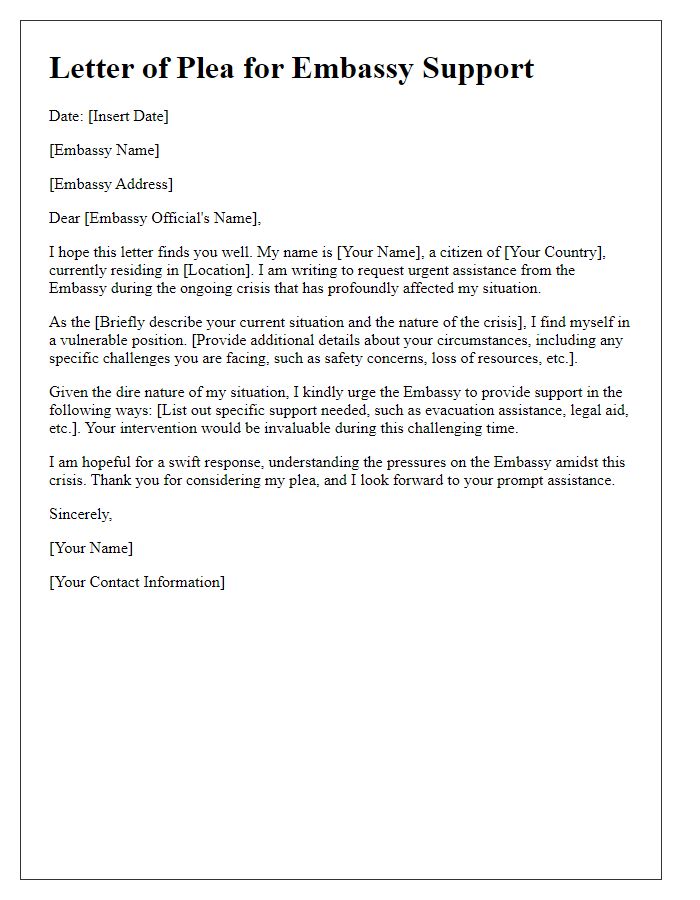 Letter template of plea for embassy support during crisis