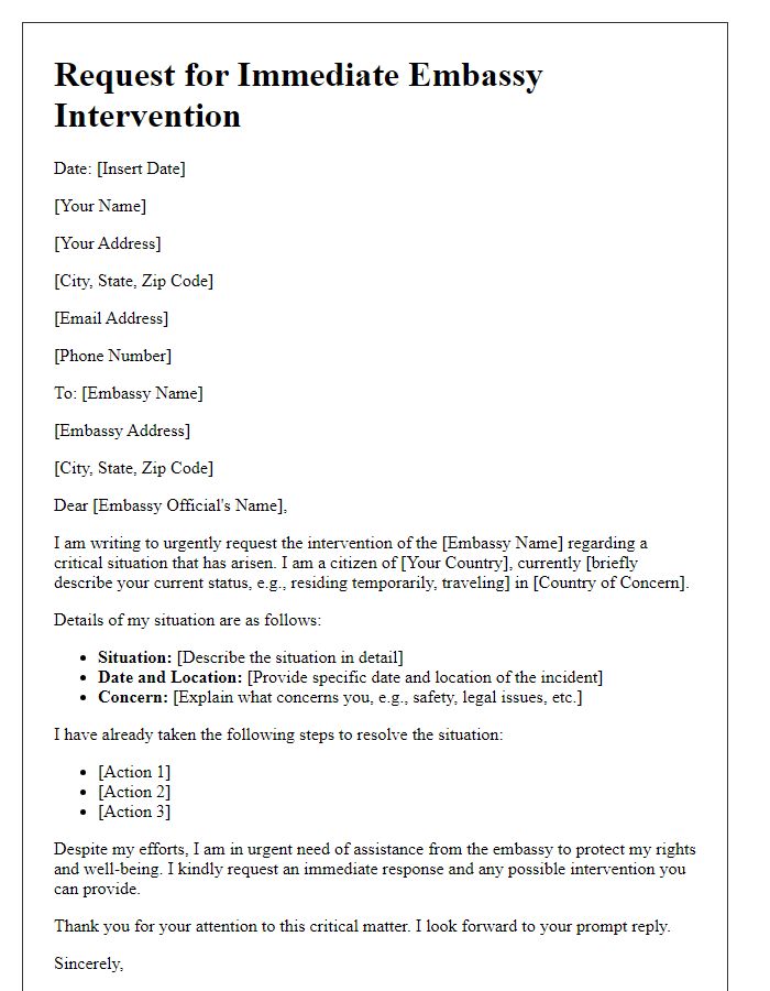 Letter template of request for immediate embassy intervention