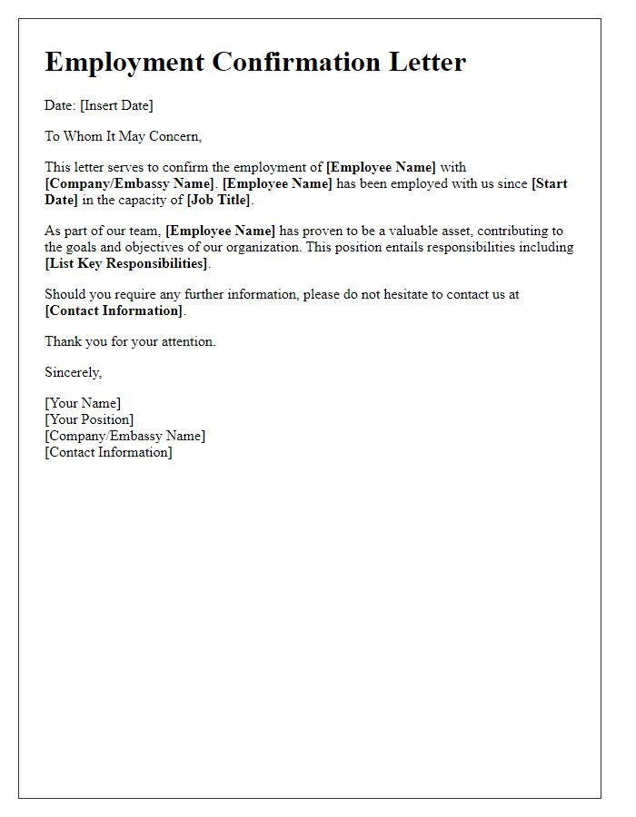 Letter template of employment confirmation for embassy personnel.