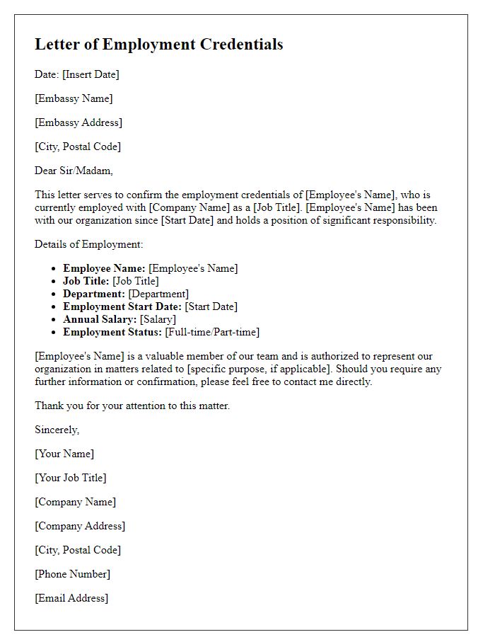 Letter template of employment credentials for embassy professionals.