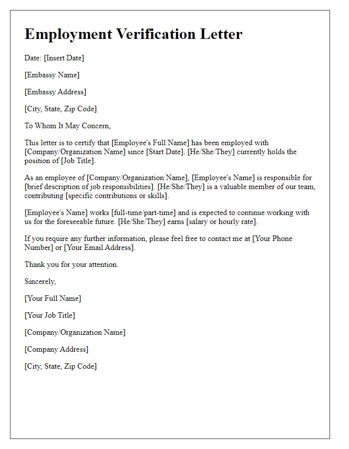 Letter template of employment letter for embassy workers.