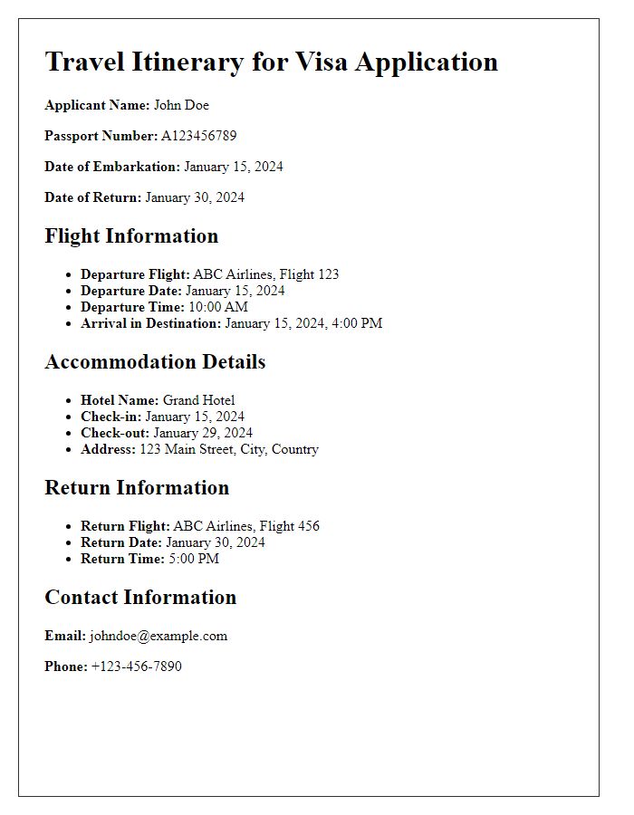 Letter template of clear travel itinerary for embassy visa interview.