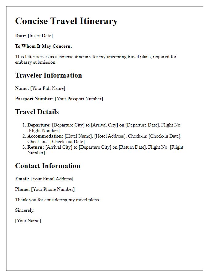 Letter template of concise travel itinerary for embassy submission.