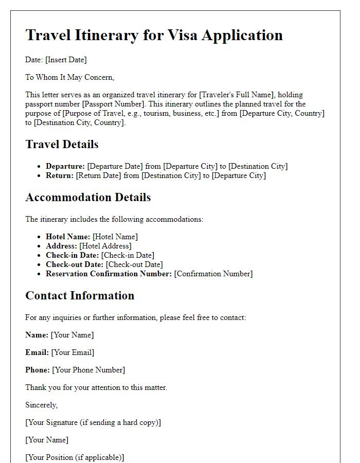 Letter template of organized travel itinerary for embassy requirements.