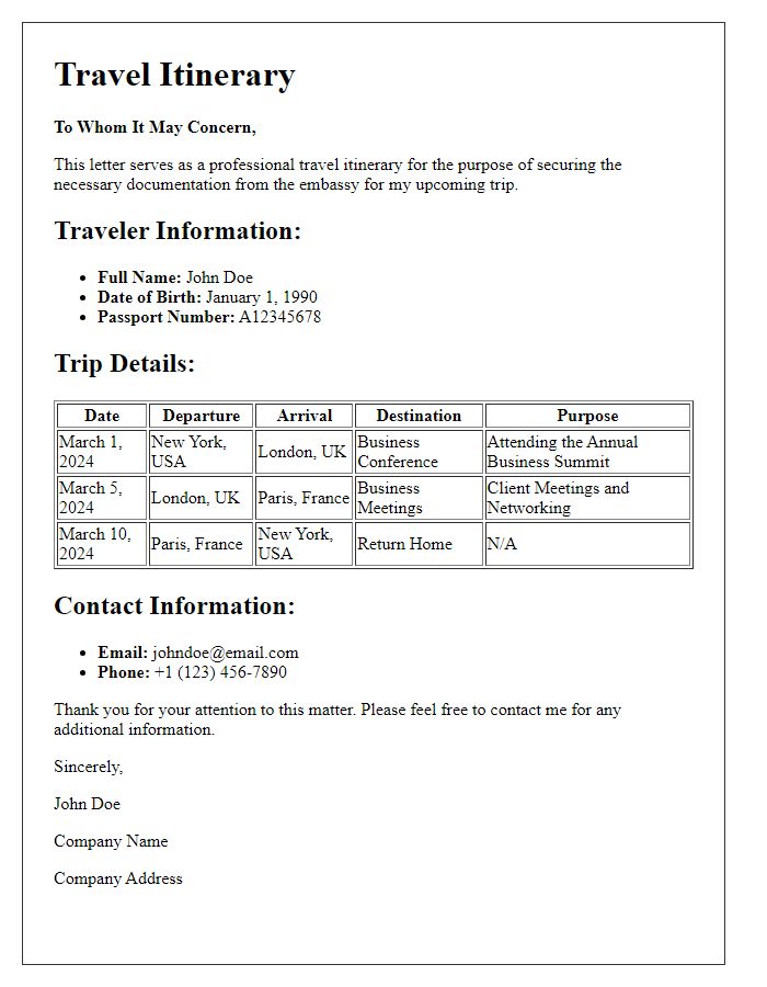 Letter template of professional travel itinerary for embassy documentation.