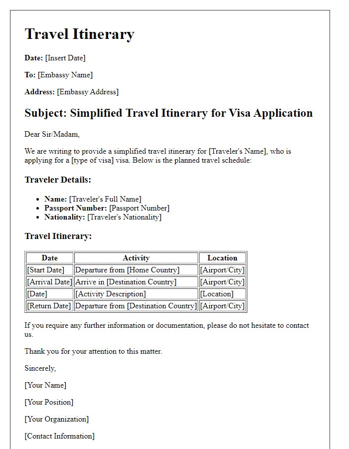 Letter template of simplified travel itinerary for embassy approval.