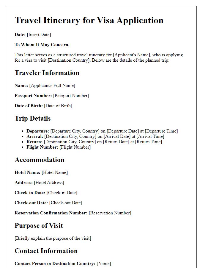 Letter template of structured travel itinerary for embassy visa support.