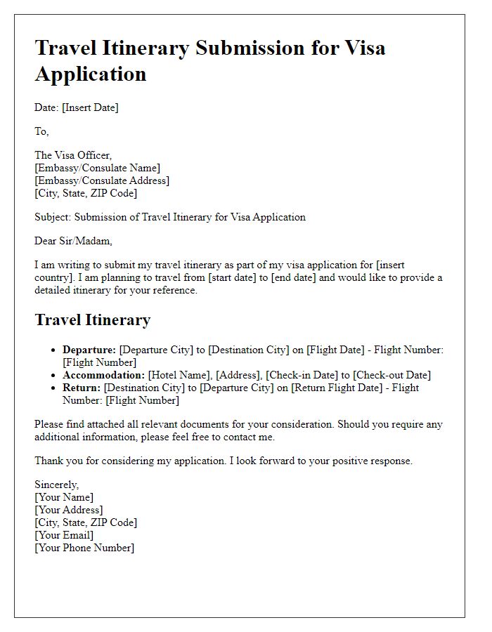 Letter template of travel itinerary submission for visa application at the embassy.