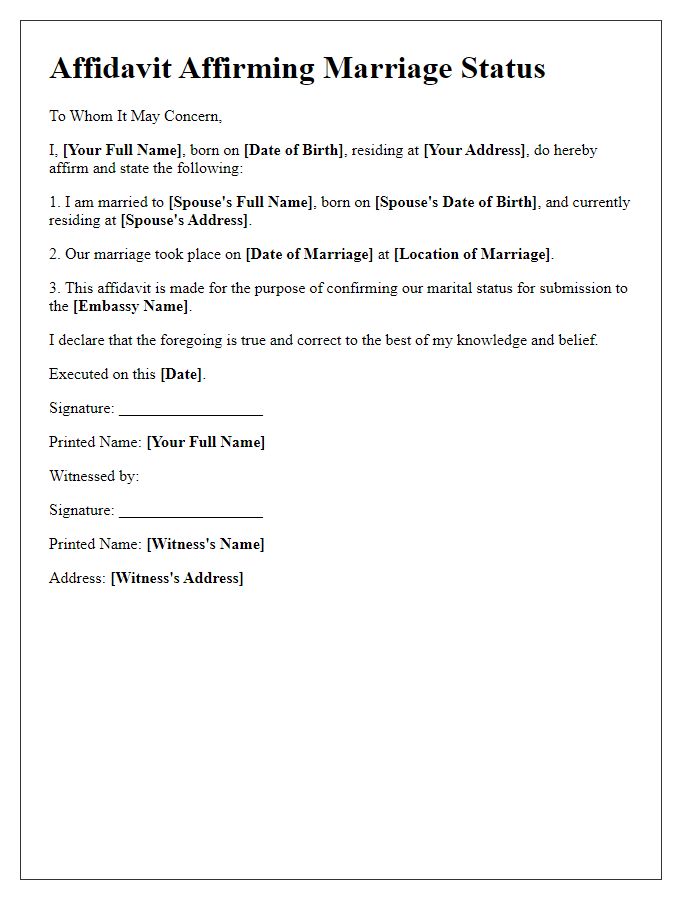 Letter template of affidavit affirming marriage status for embassy events.