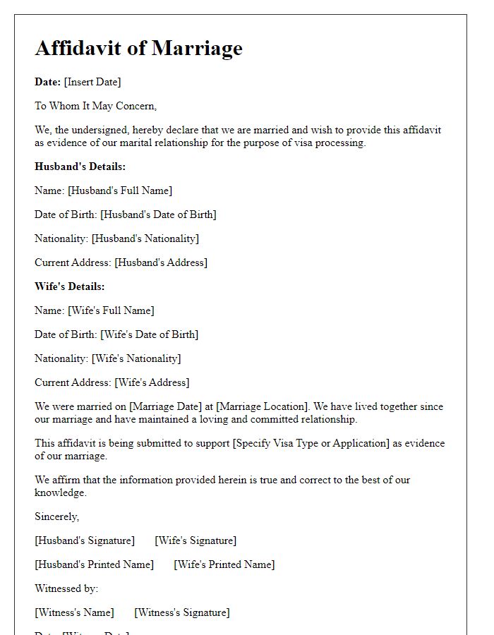 Letter template of affidavit of marriage for visa processing.