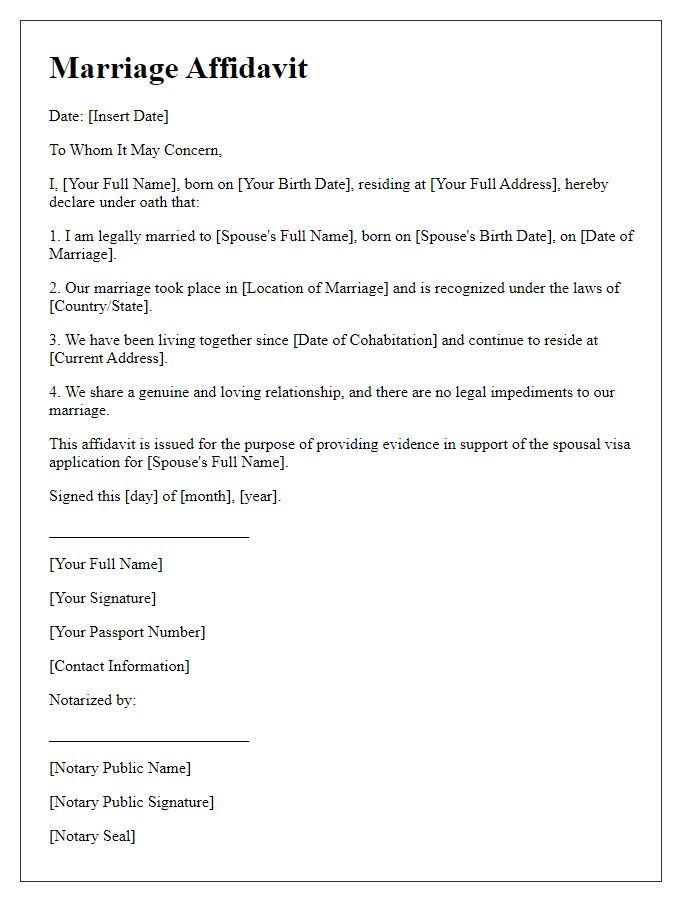 Letter template of embassy marriage affidavit for spousal visa.