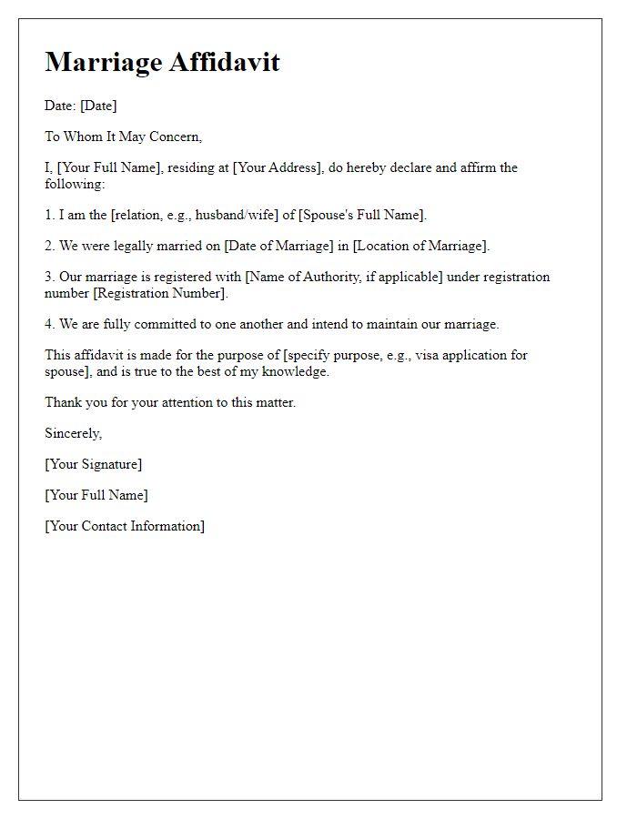 Letter template of marriage affidavit for embassy submission.