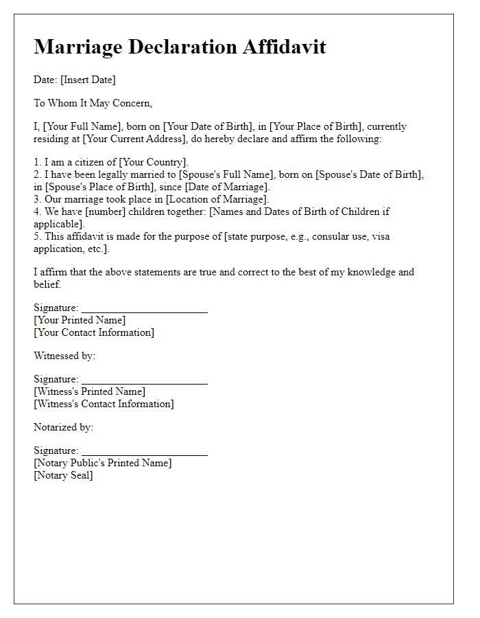 Letter template of marriage declaration affidavit for consular use.