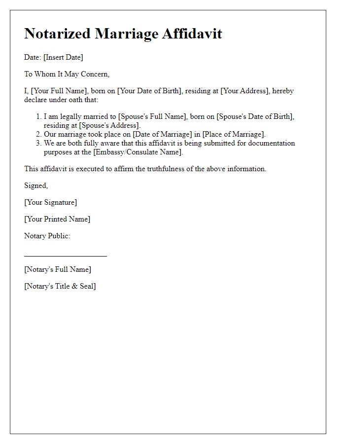 Letter template of notarized marriage affidavit for embassy documentation.