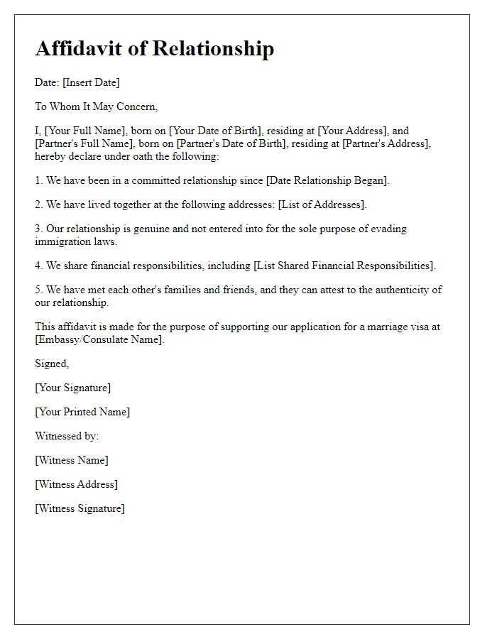 Letter template of relationship affidavit for embassy marriage purposes.