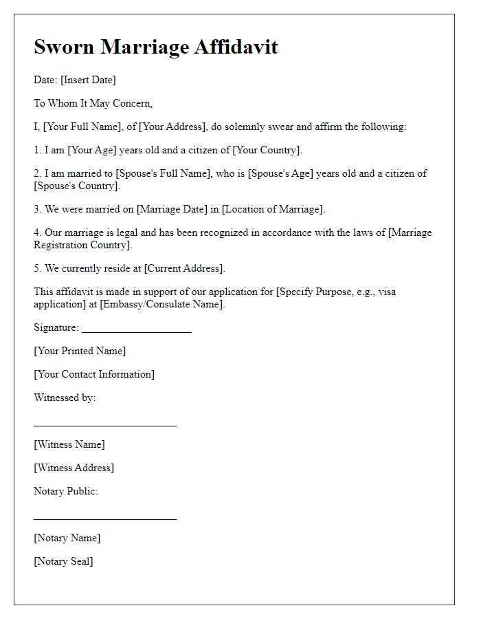 Letter template of sworn marriage affidavit for embassy certification.