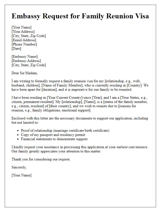 Letter template of embassy request for family reunion visa.