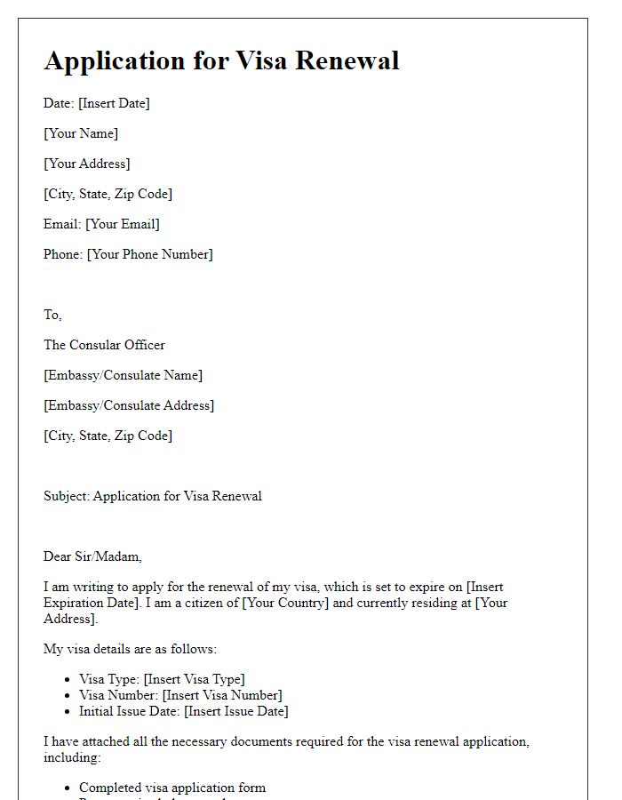 Letter template of application for embassy visa renewal.