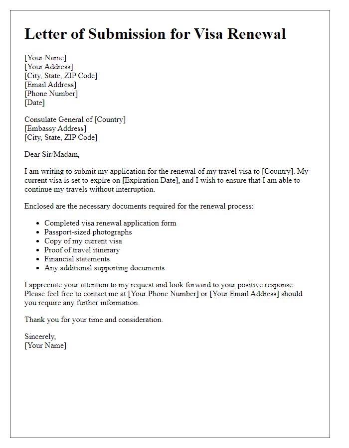 Letter template of submission for embassy travel visa renewal documents.