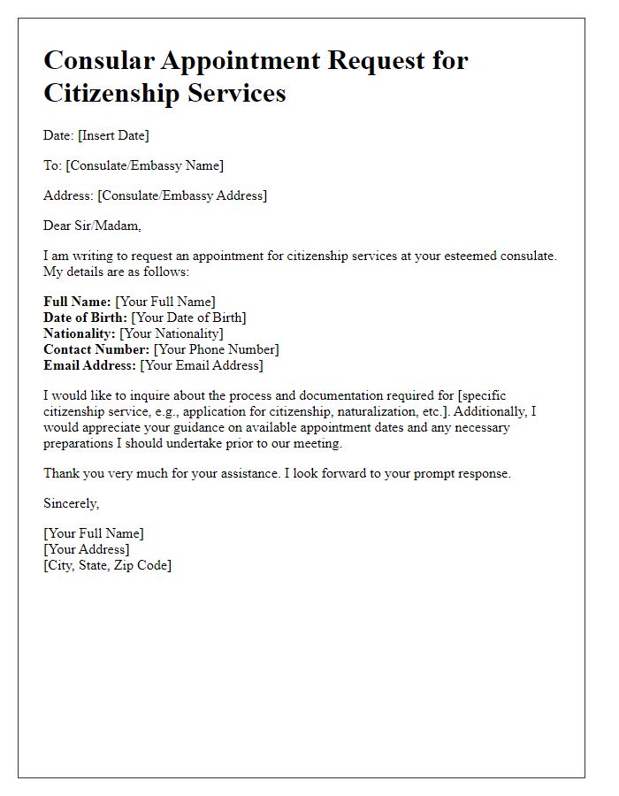 Letter template of consular appointment request for citizenship services.