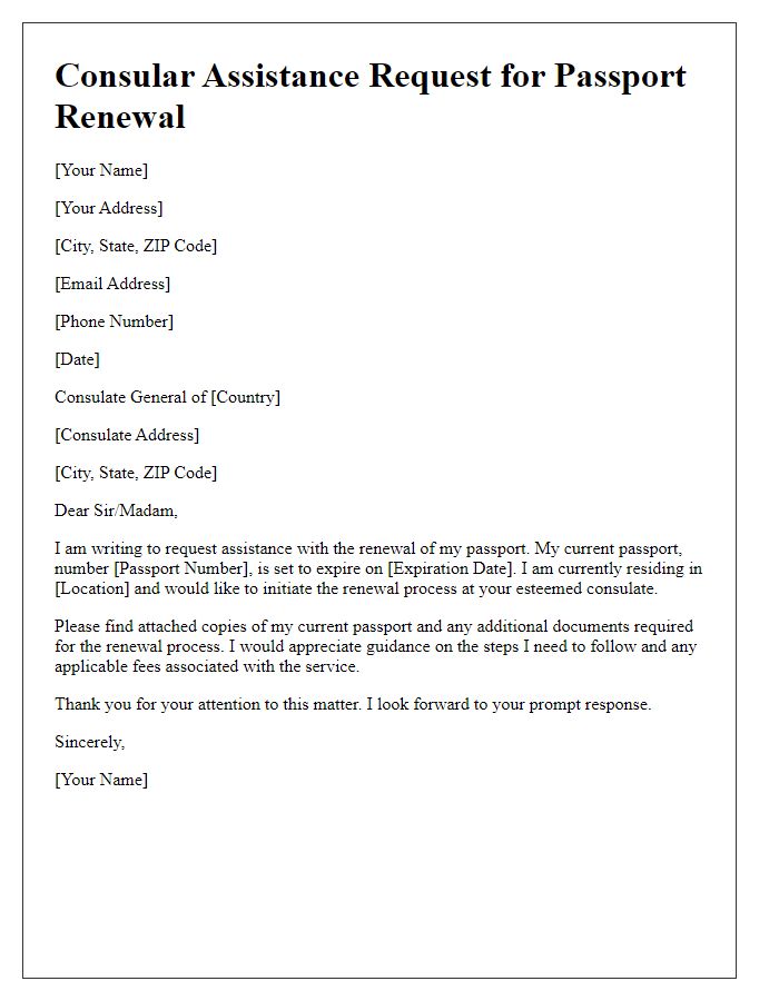 Letter template of consular assistance request for passport renewal.