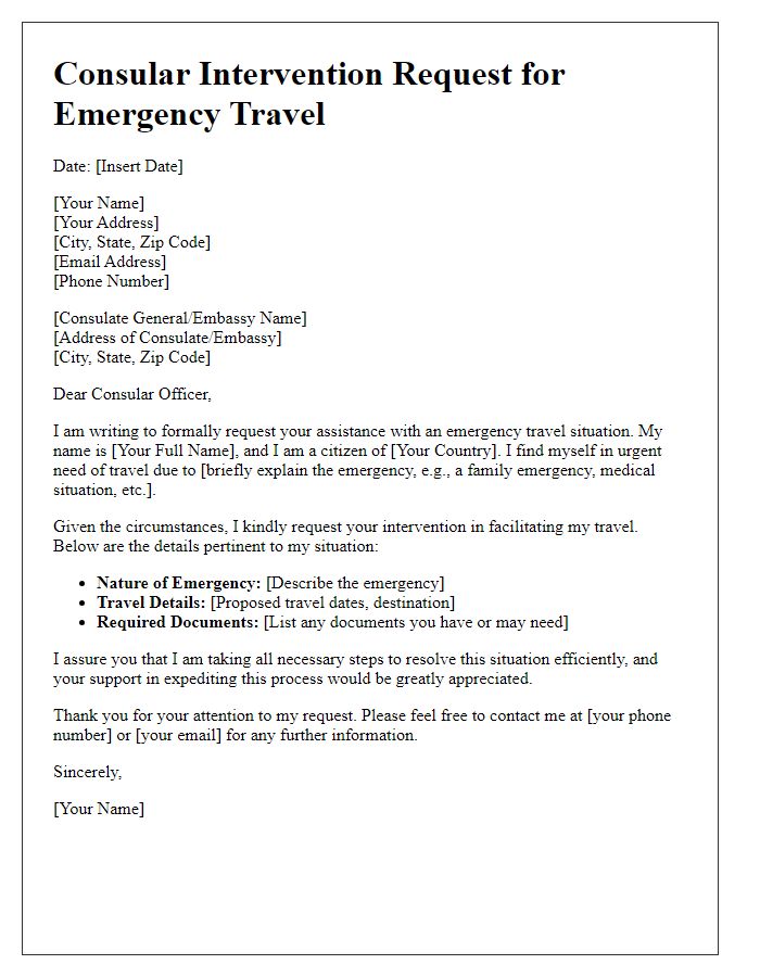 Letter template of consular intervention request for emergency travel.