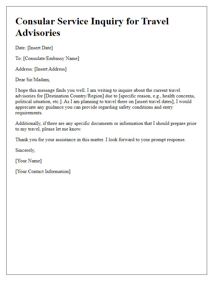 Letter template of consular service inquiry for travel advisories.