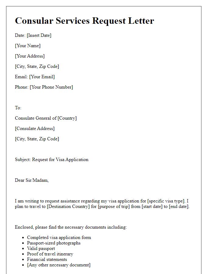 Letter template of consular services request for visa application.