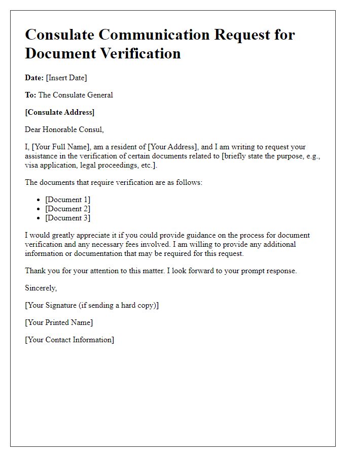 Letter template of consulate communication request for document verification.