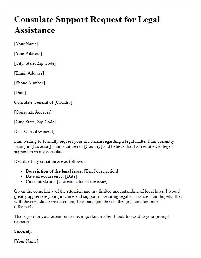 Letter template of consulate support request for legal assistance.