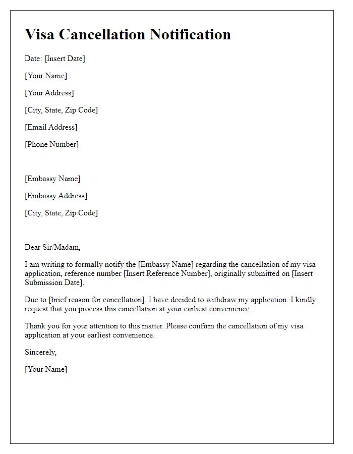 Letter template of formal visa cancellation notification to embassy.