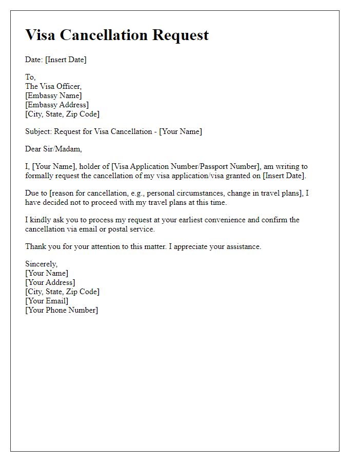 Letter template of visa cancellation request for embassy.