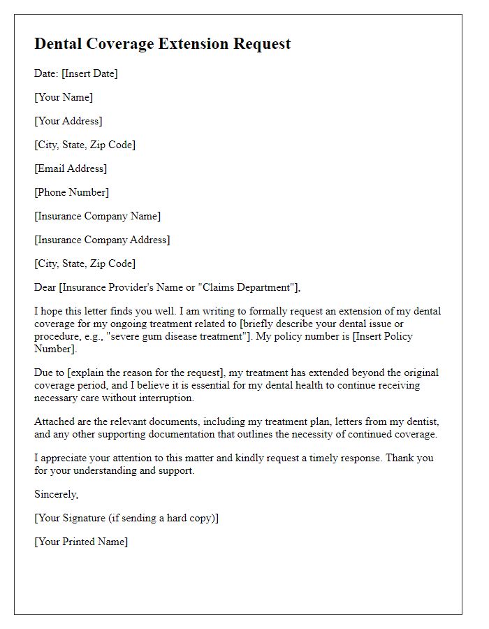 Letter template of dental coverage extension request for ongoing treatment.