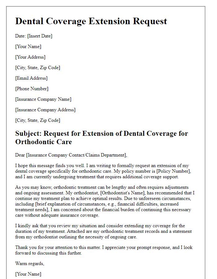 Letter template of dental coverage extension request for orthodontic care.