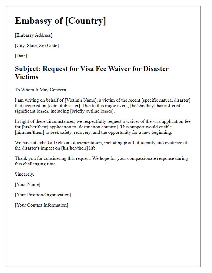 Letter template of embassy visa fee waiver for victims of natural disasters