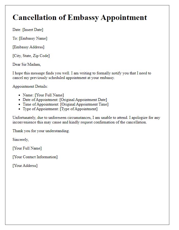 Letter template of embassy appointment cancellation