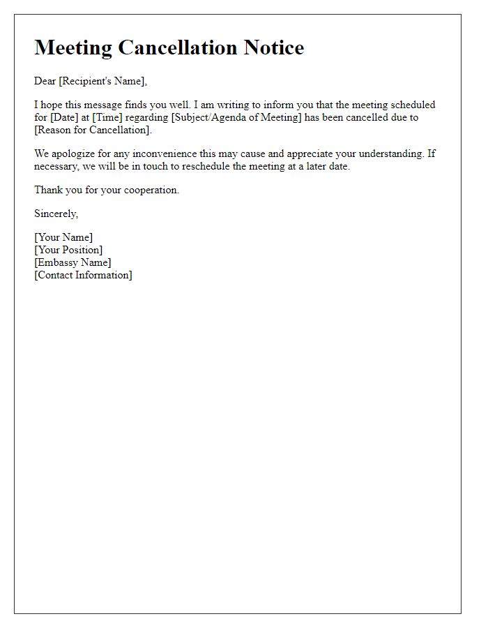 Letter template of embassy meeting cancellation