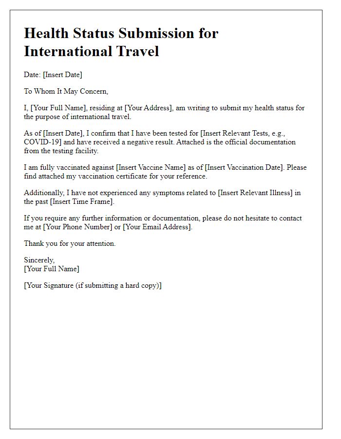 Letter template of health status submission for international travel