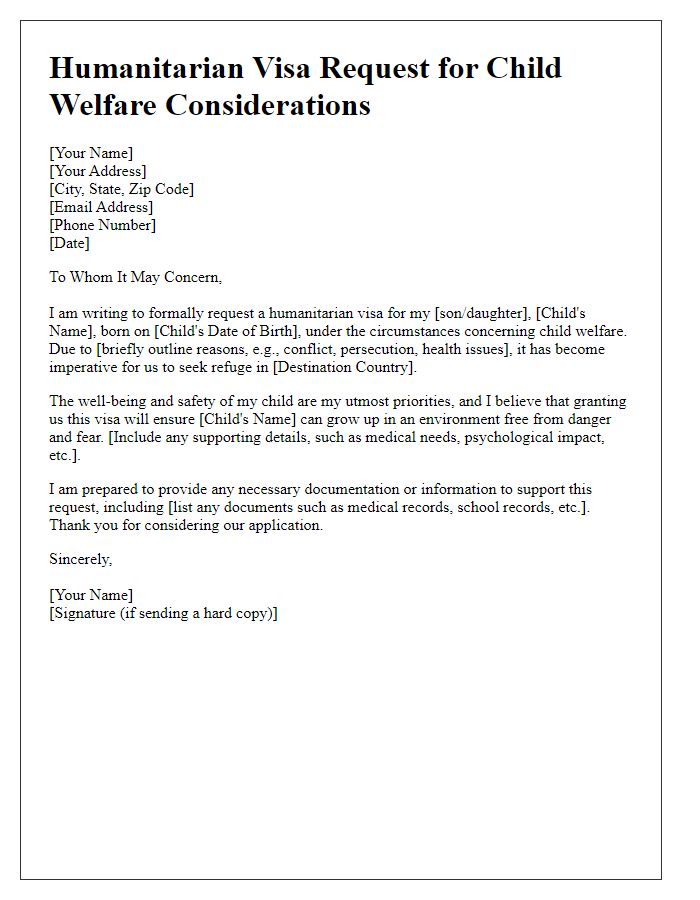 Letter template of humanitarian visa request for child welfare considerations.