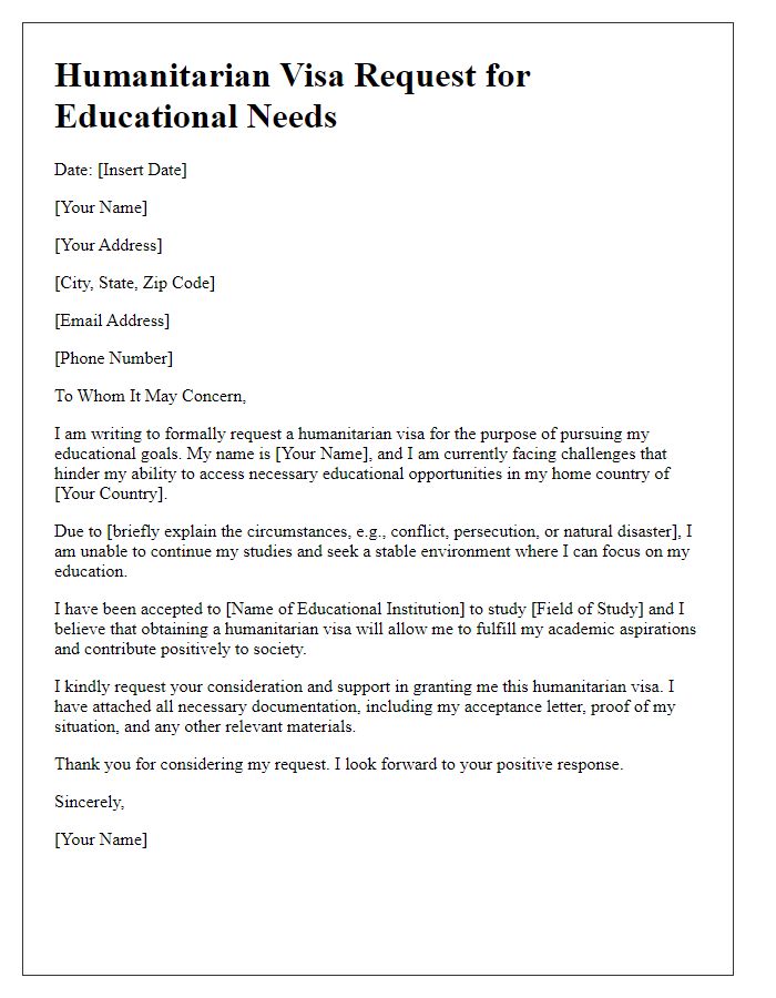 Letter template of humanitarian visa request for educational needs.