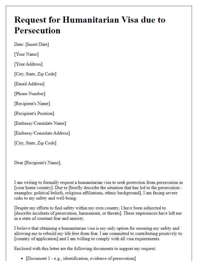 Letter template of humanitarian visa request for protection from persecution.