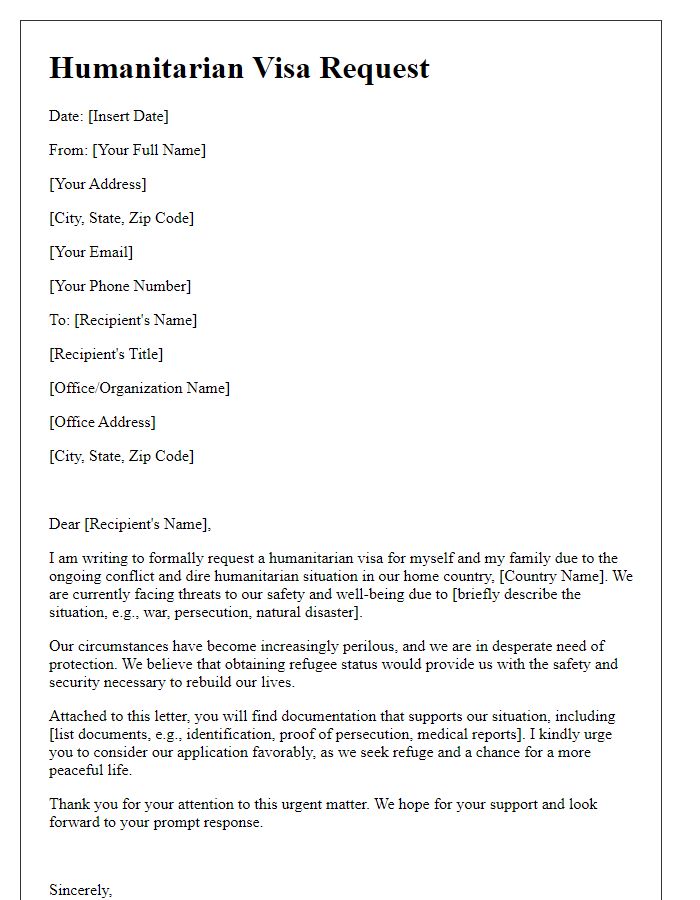 Letter template of humanitarian visa request for refugees in distress.